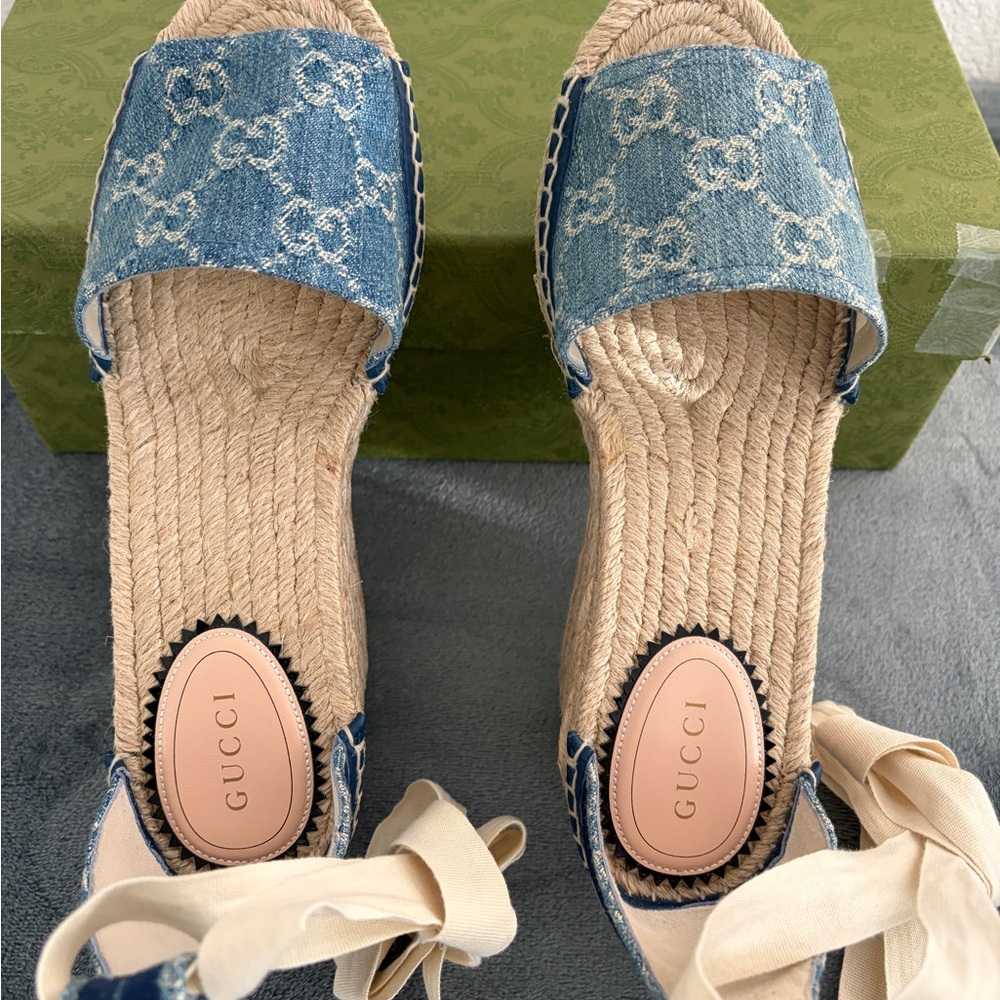 Gucci Blue Denim Monogram Espadrille Wedge Sandals with Cream Ankle Ties - Picture 7 of 11